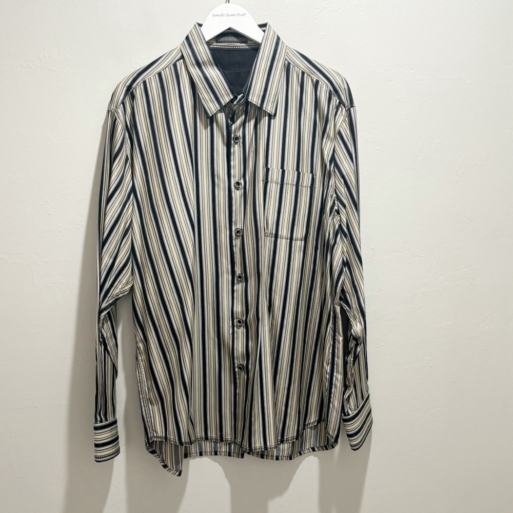 TOMMY BAHAMA Men’s Gray Black Vertical Stripe Long Sleeve 100% Silk Shirt Sz XL